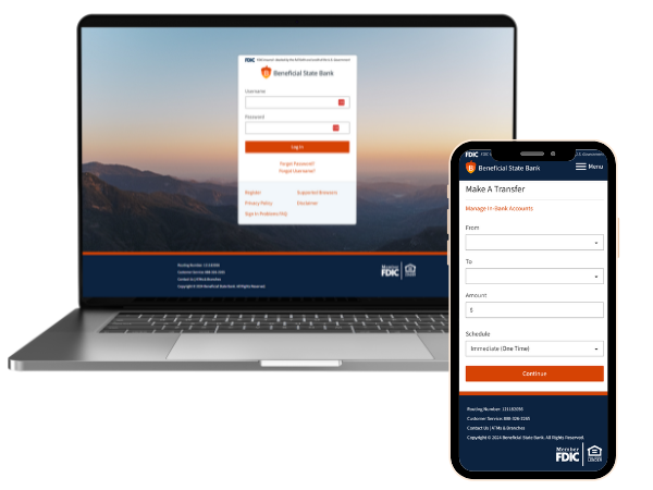 Online banking interface shown on laptop and mobile phone