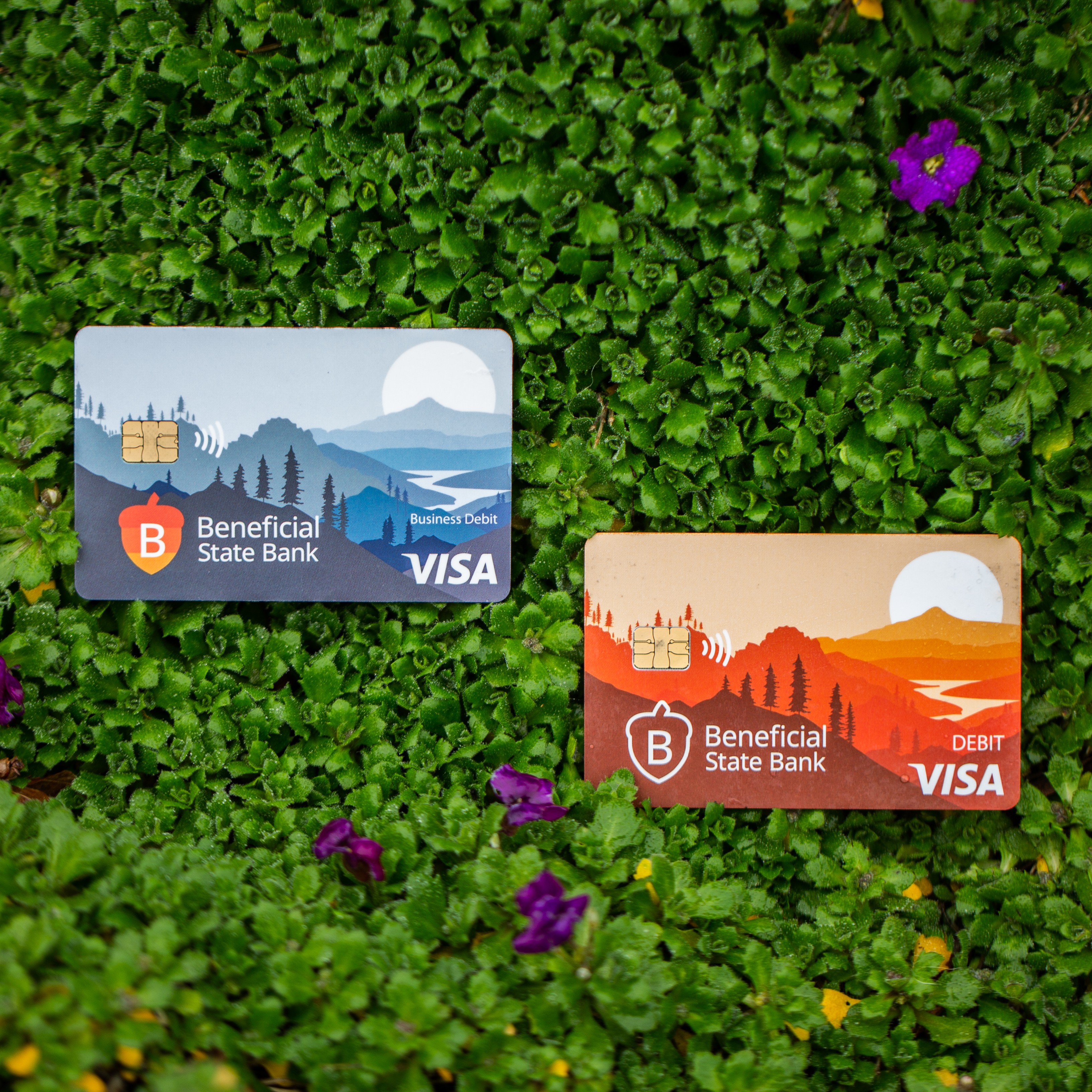 Beneficial State Bank debit cards on a bed of flowers