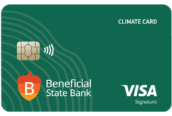 Climate Card: Green credit card with the Beneficial State Bank logo