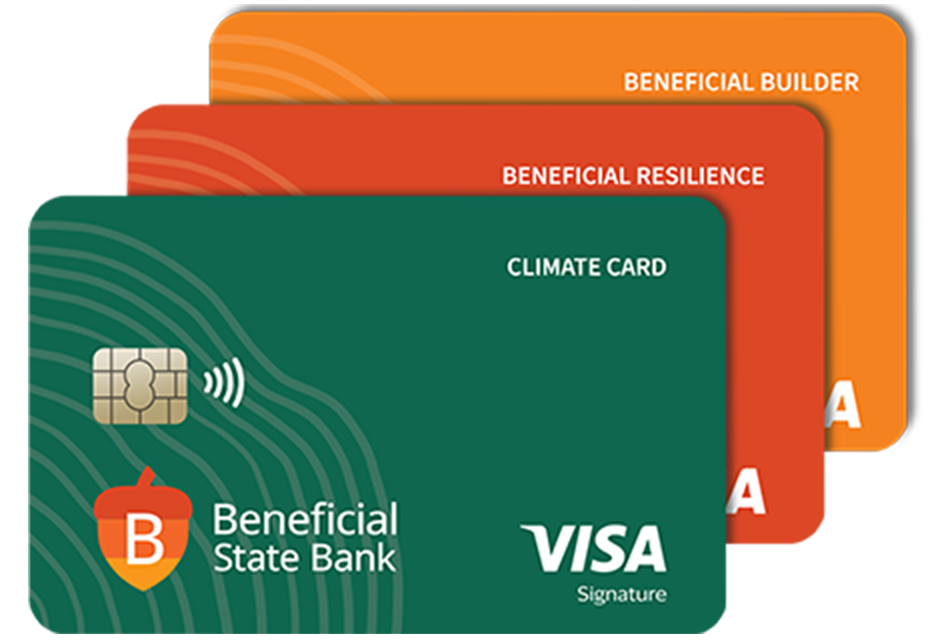 Beneficial State Bank's three consumer credit cards in a stack