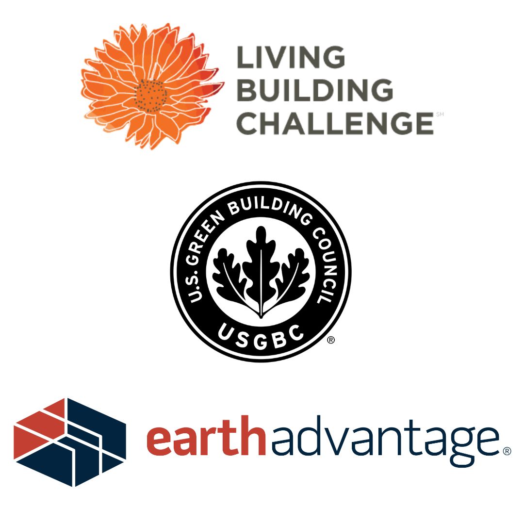 Logos for certifications: Living Building Challenge, US Green Building Council, Earth Advantage