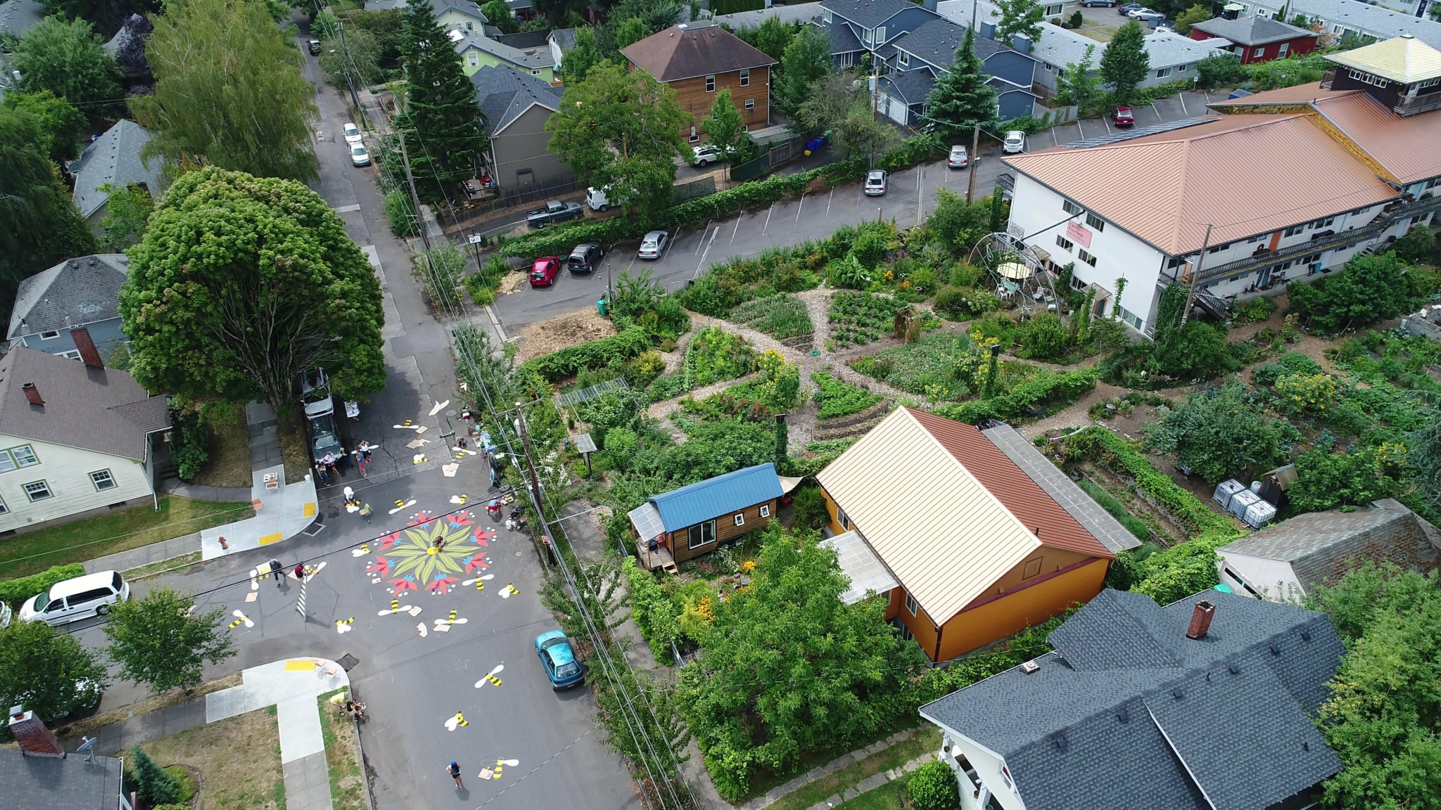 An aerial view of the front yard of Kailash Ecovillage, an intentional and sustainable community in SE Portland, Oregon.