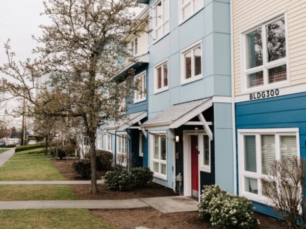 The exterior of an affordable housing apartment building