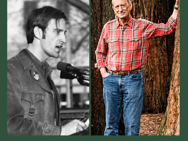 A past and present picture of Denis Hayes next to each other, with the text "50th Anniversary of Earth Day"