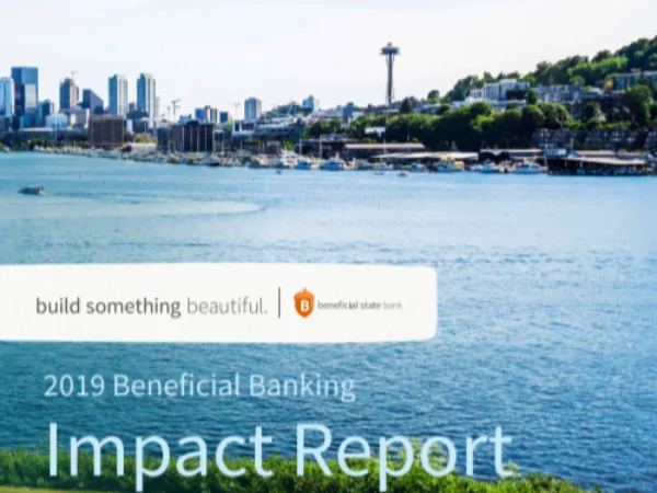 Cover of the 2019 Impact Report, showing a couple sitting next to a body of water