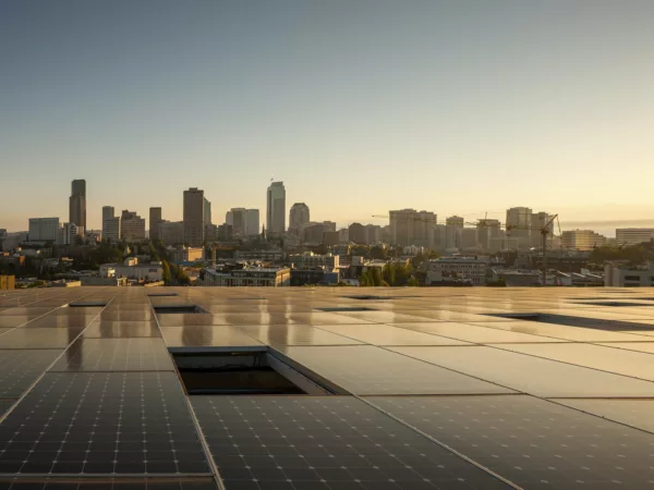 View of Seattle from the solar array-lined roof of the Bullitt Center