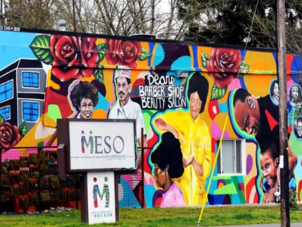 Exterior of MESO building with a colorful mural and MESO sign