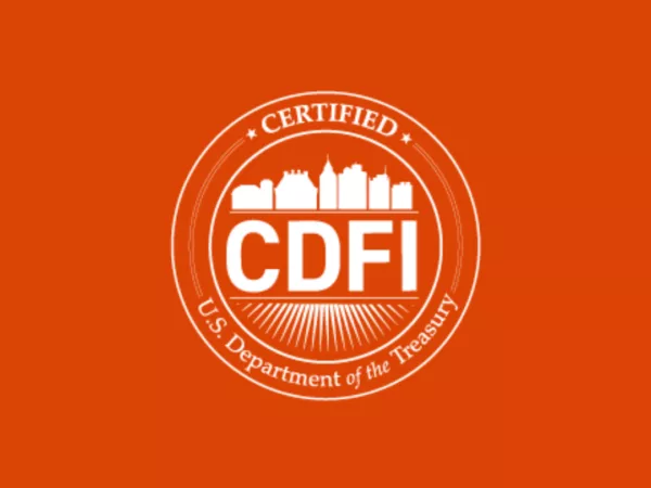 Certified CDFI logo in white over an orange background
