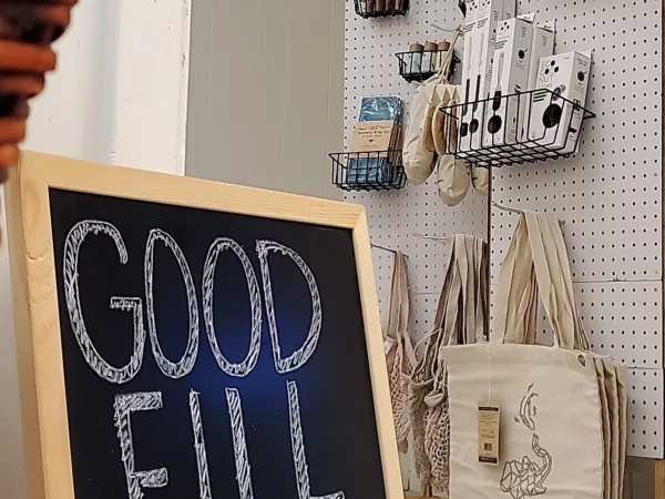 A sign that says GOOD FILL next to some of their low-waste products
