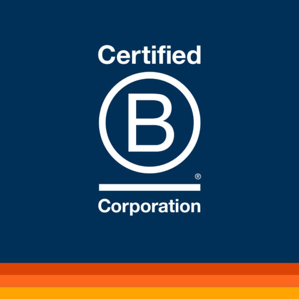 B Corp logo on a navy blue background, with three orange stripes at the bottom