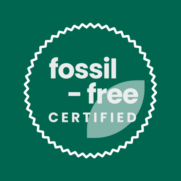 Fossil Free Certified logo on a green background