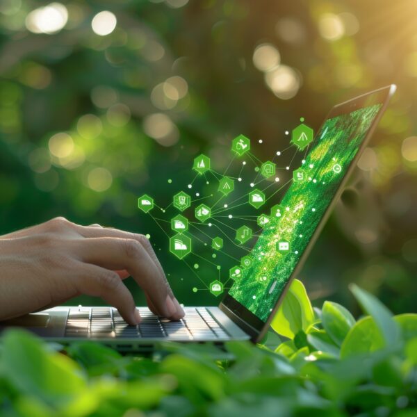 Hand using laptop computer with environment icons outside in nature