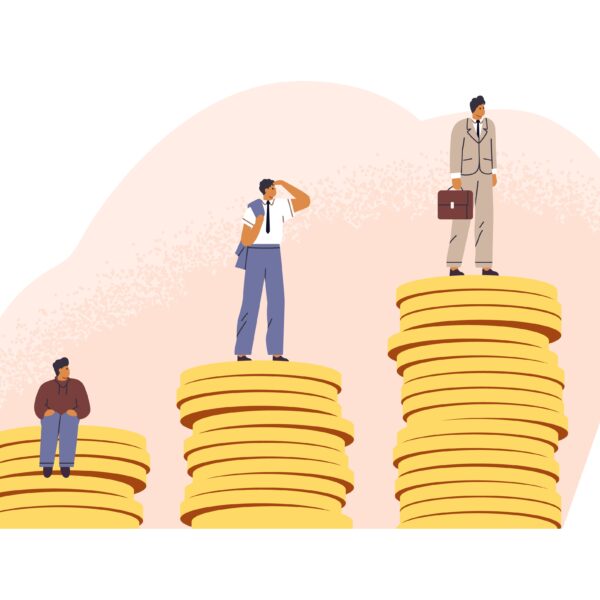Illustration of three people standing on progressivly taller piles of coins