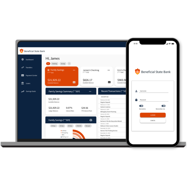 New Beneficial State Bank online and mobile banking interface - shown on laptop and phone