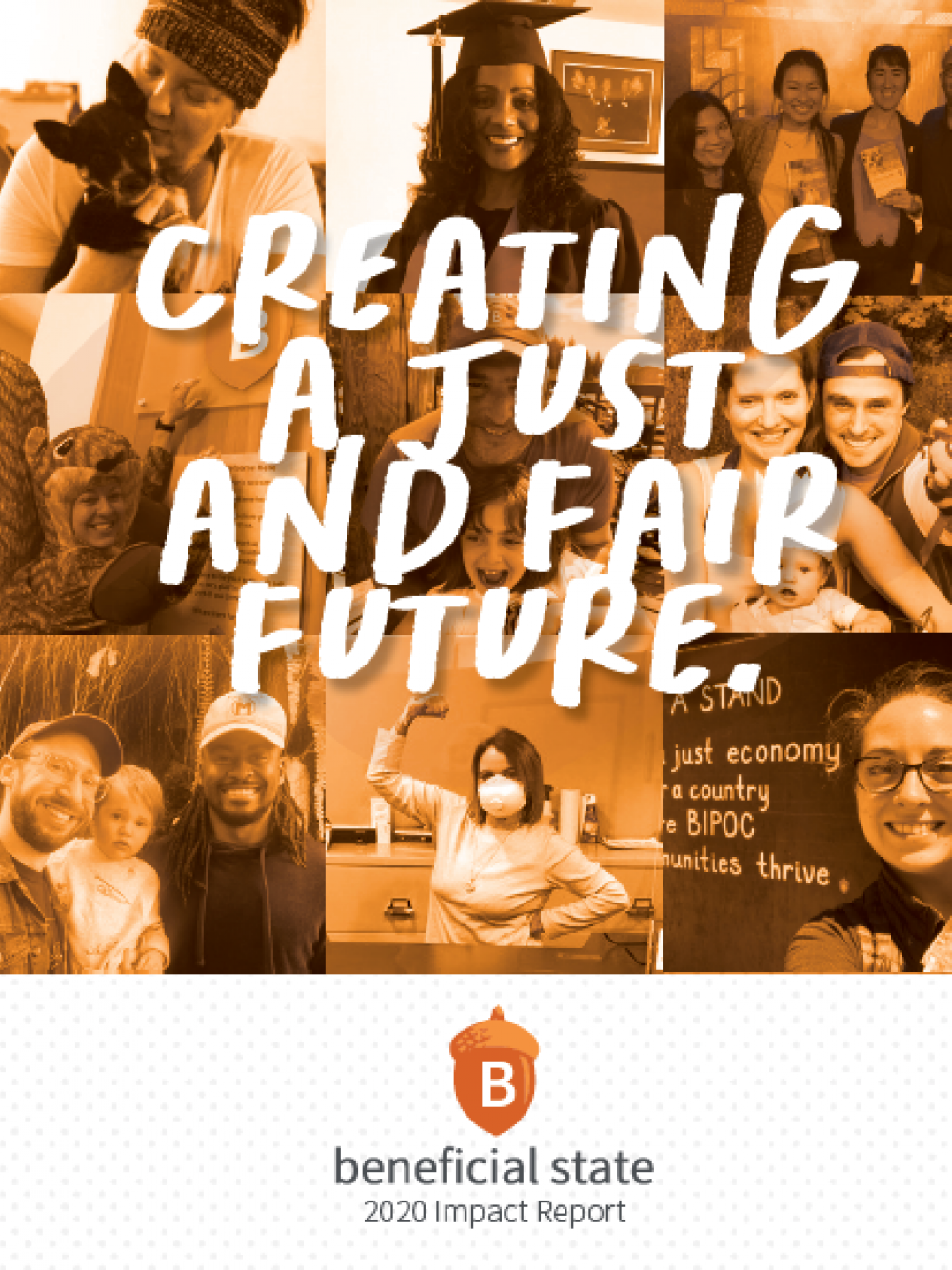 2020 Annual Impact Report cover, which reads "Creating a Just and Fair Future"