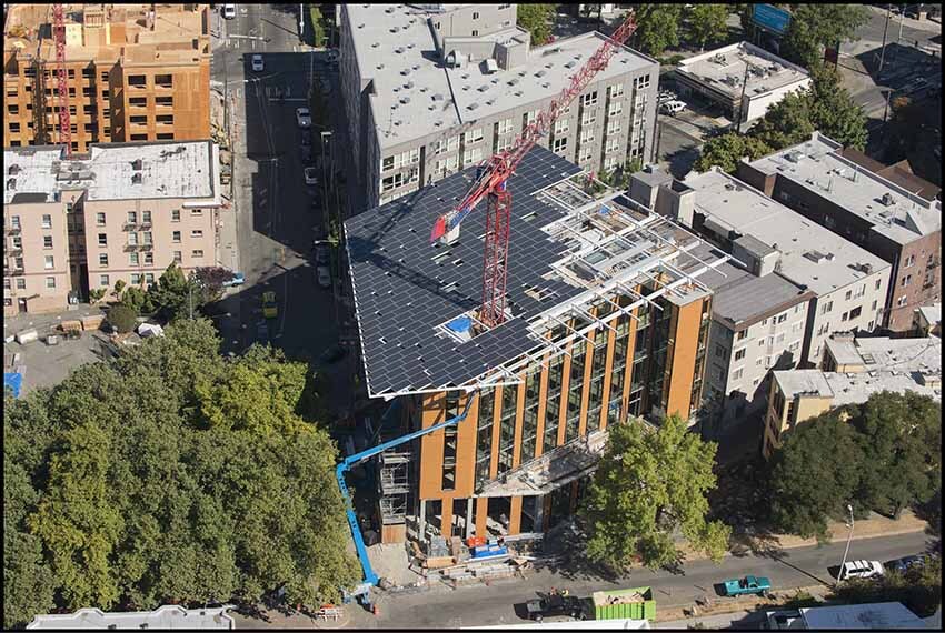 The Bullitt Center, current home to International Living Future Institute and soon-to-be home to Beneficial State Bank, during construction in 2012. The Center is certified by ILFI’s rigorous Living Building Challenge for its sustainable design.