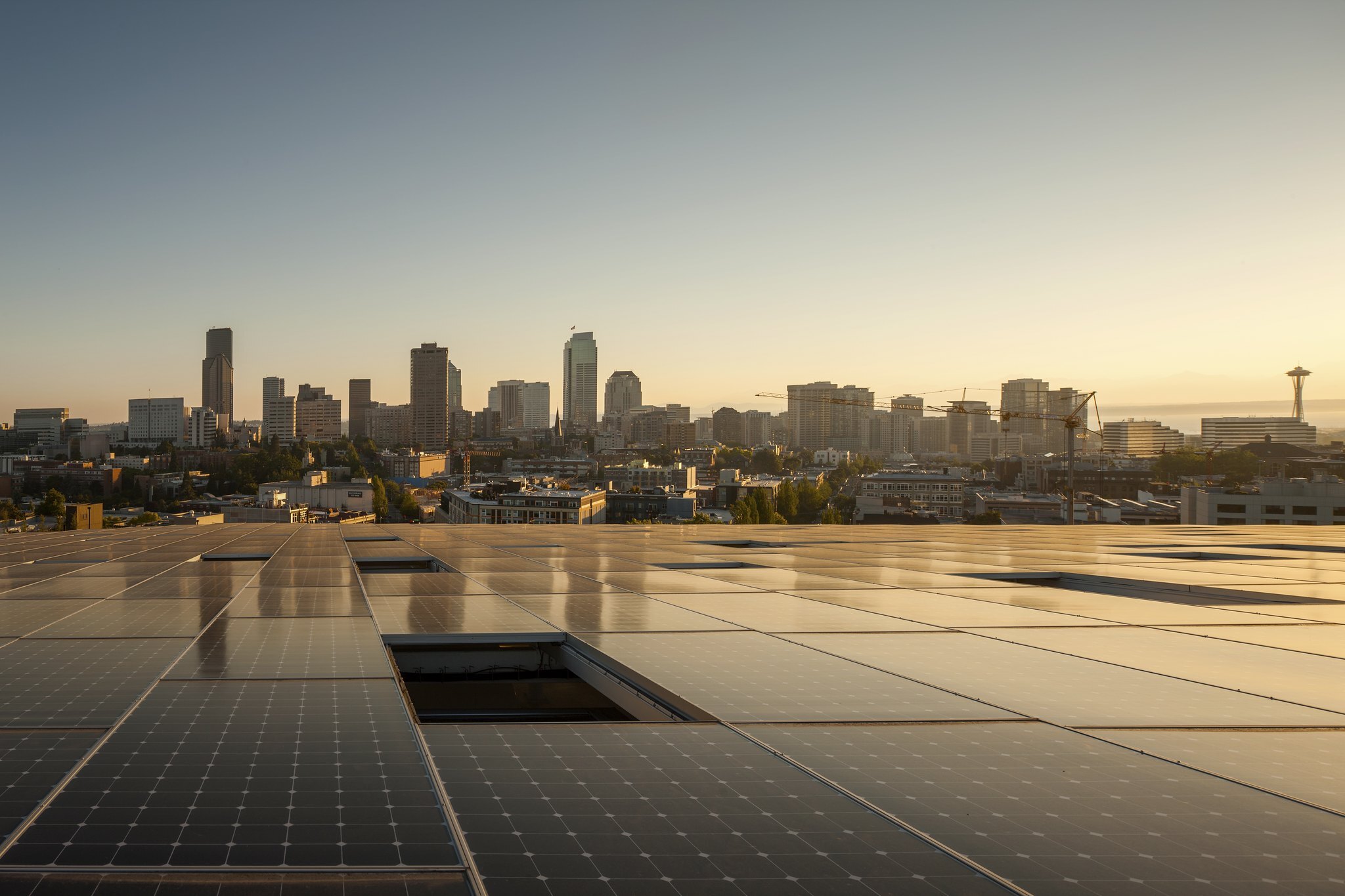 Photo of Seattle from solar array-lined roof of the Bullitt Center